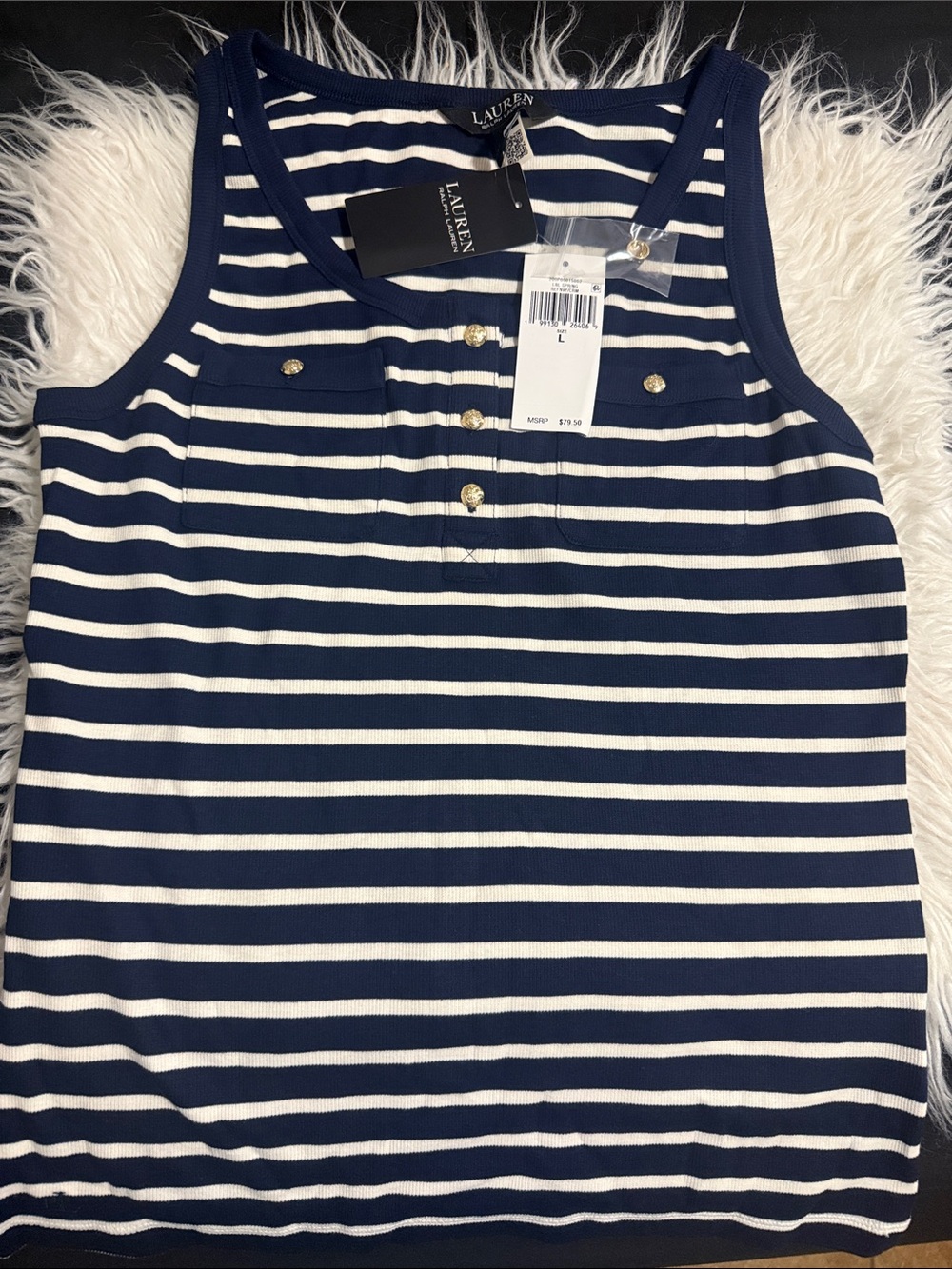 Lauren Ralph Lauren Navy & White Striped WomenTank with Gold Buttons